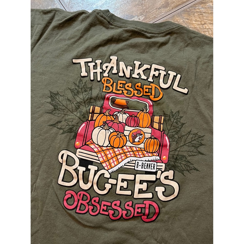 Buc-ees T Shirt Womens Large Green Fall Pumpkin Thankful Blessed Truck